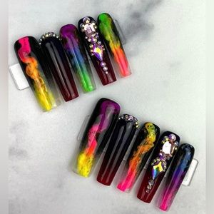 Extra long square rainbow press on nails rhinestones ombré handmade black custom